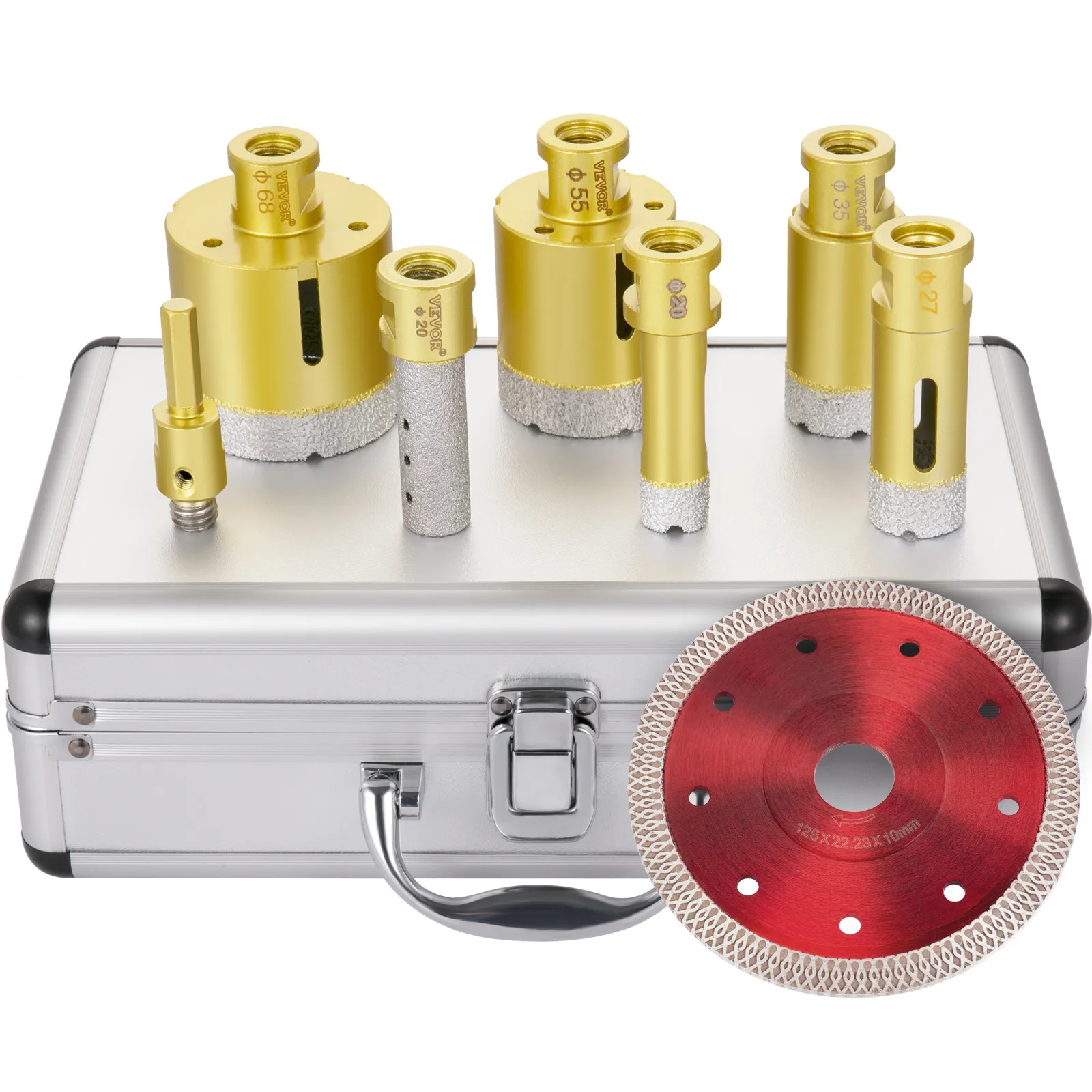 VEVOR diamond drill bits set on a silver case, includes different sizes and a red blade.