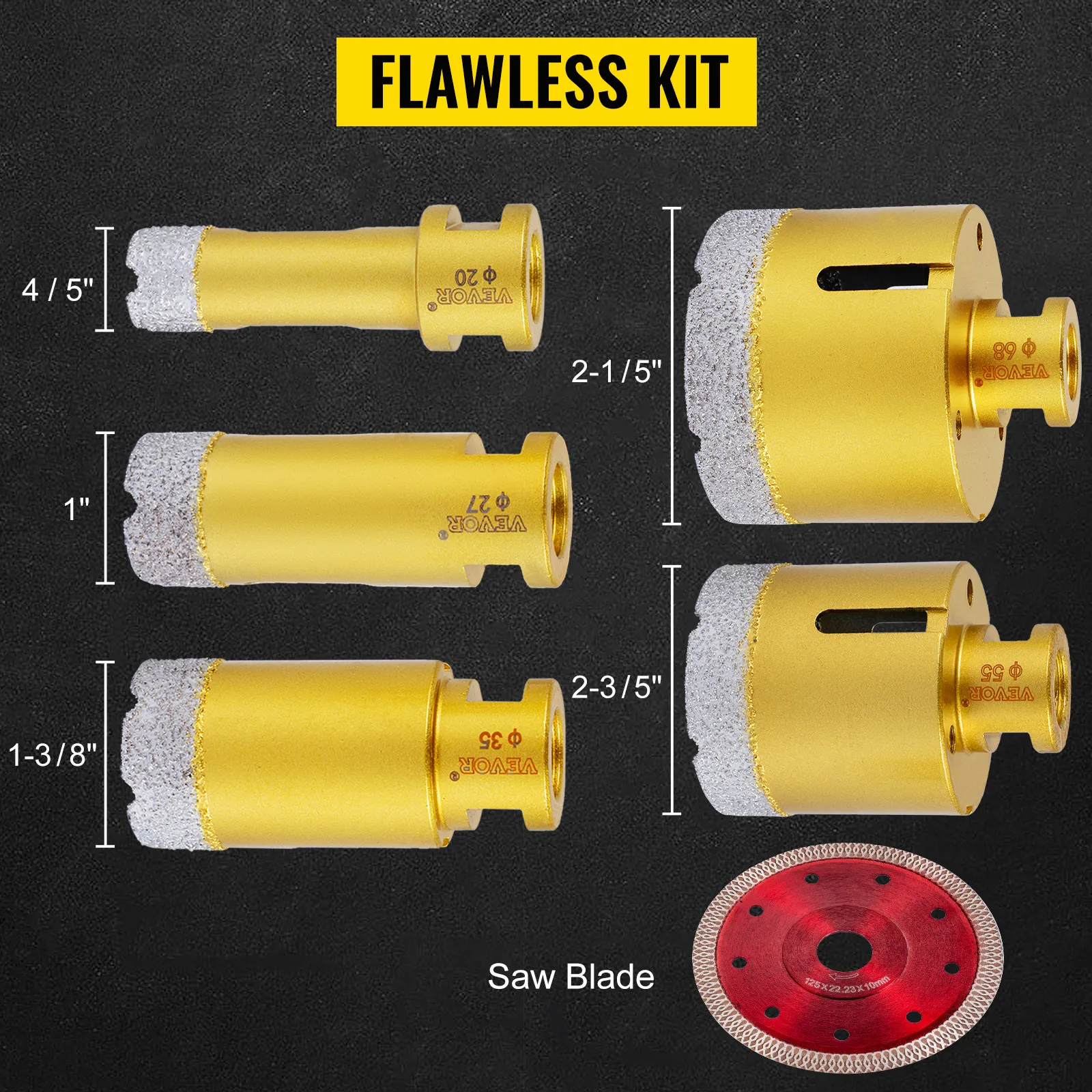VEVOR diamond drill bits, different sizes with red saw blade, "flawless kit" label.
