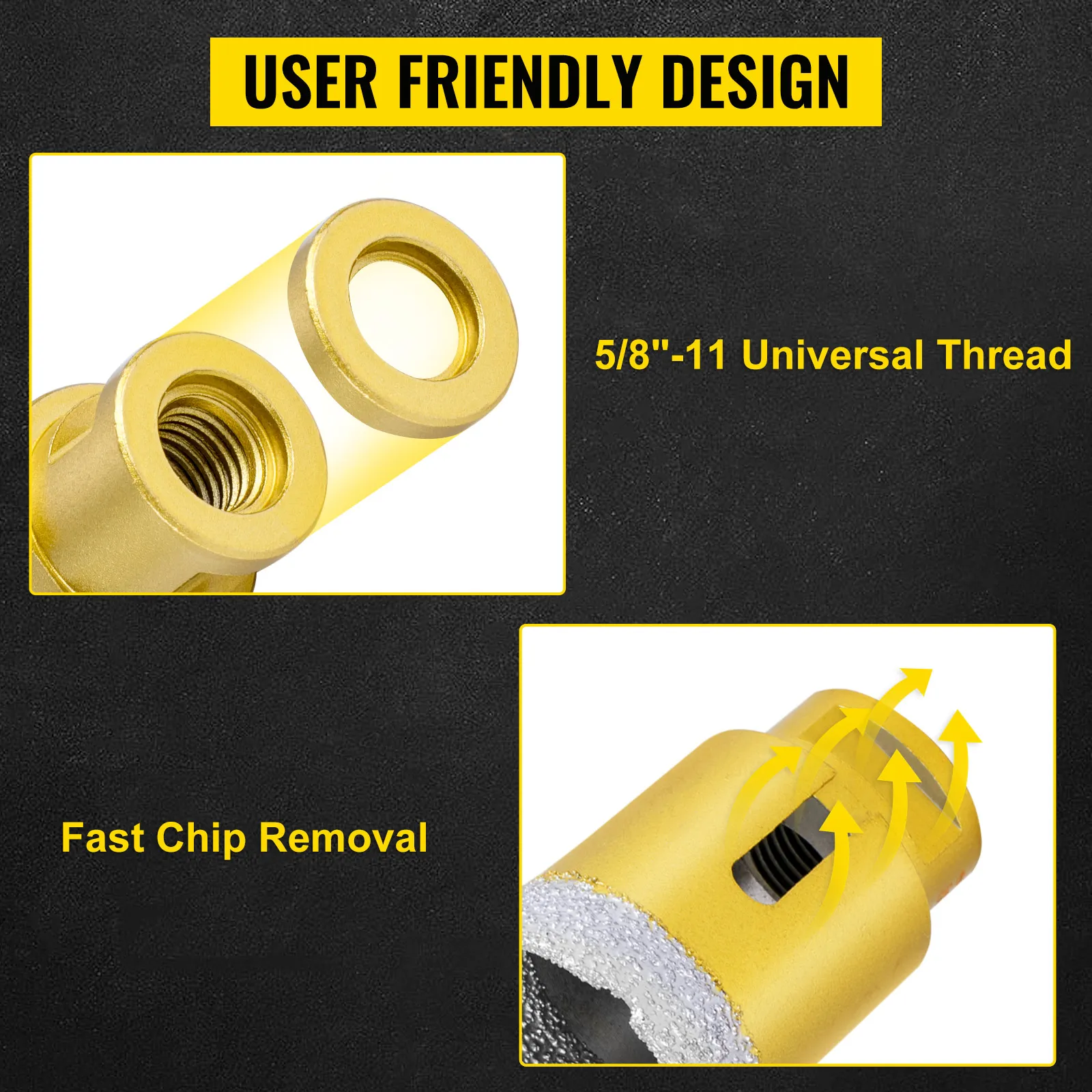 user-friendly VEVOR diamond drill bits with 5/8"-11 universal thread and fast chip removal.