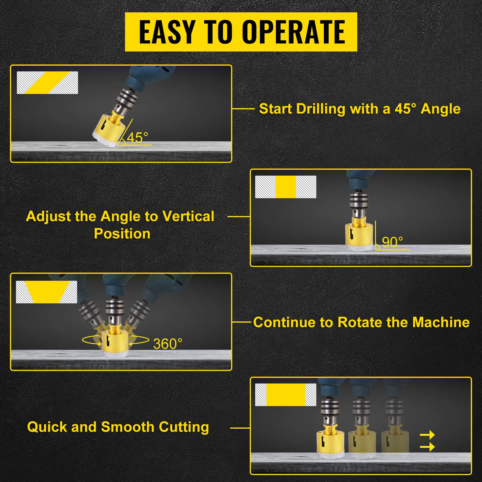 VEVOR diamond drill bits: easy operation steps with 45° to 90° angle and 360° rotation.