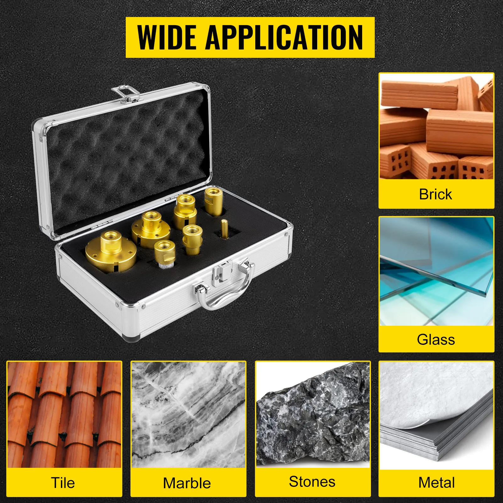VEVOR diamond drill bits in a metal case, suitable for brick, glass, tile, marble, stone, and metal.