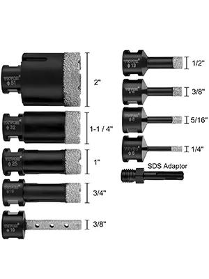 Juego de brocas de diamante VEVOR con varios tamaños y adaptador sds mostrado.