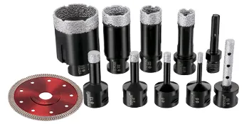 Juego de brocas de diamante VEVOR con varios tamaños, acompañadas de una cuchilla de corte circular roja.