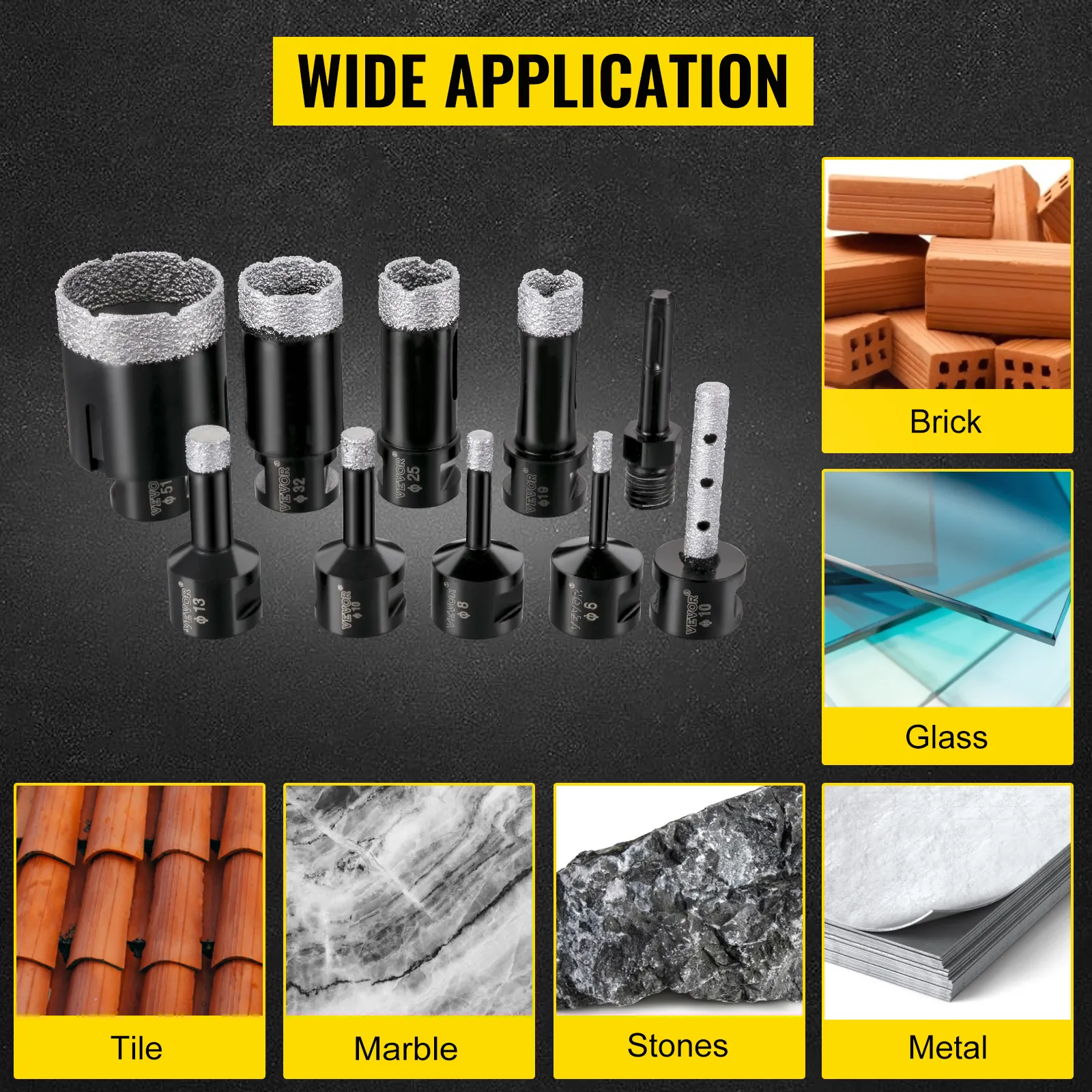 Brocas de diamante VEVOR organizadas con ejemplos de uso en ladrillo, vidrio, baldosas, mármol, piedra y metal.