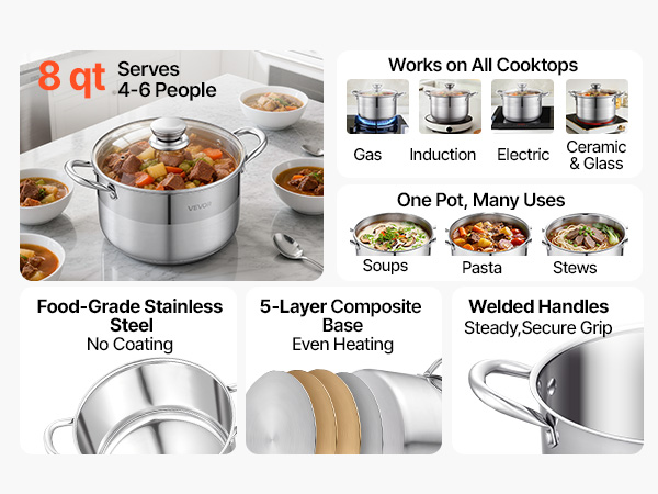 VEVOR 8 qt Stainless Steel Stock Pot – 304 SS, 5-Layer Base