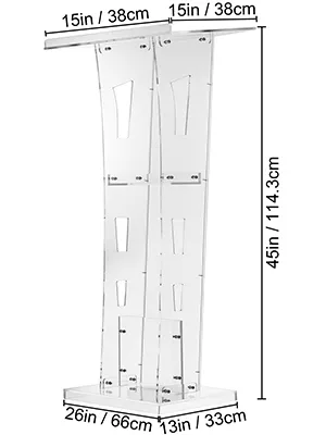 VEVOR acrylic podium with dimensions: 15x15in top, 45in height, 26x13in base.