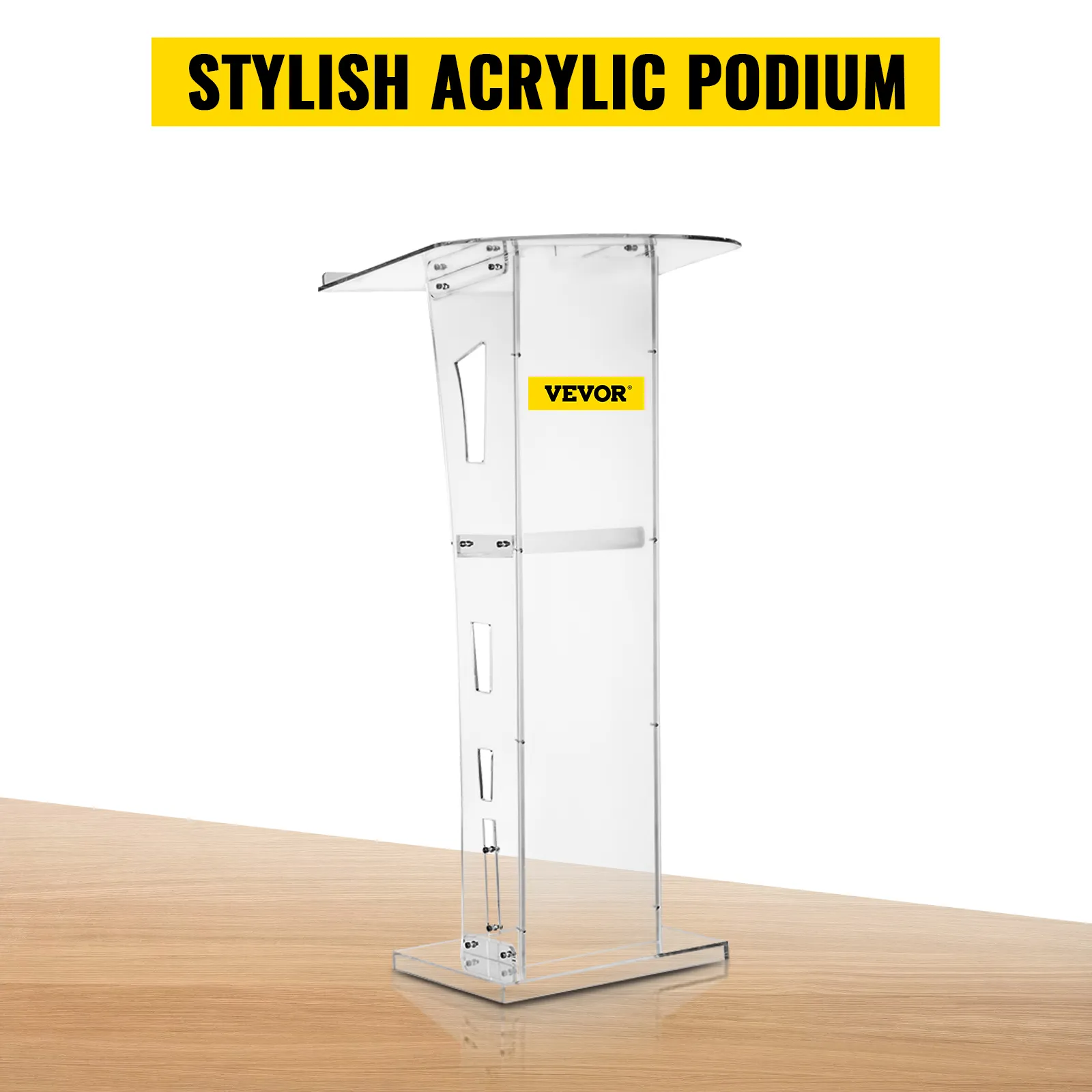 VEVOR acrylic podium on wooden desk with stylish yellow sign.