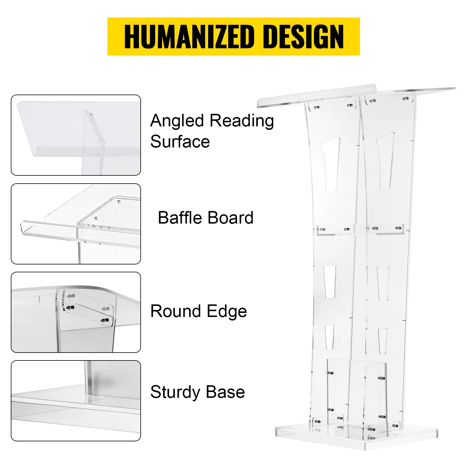 VEVOR acrylic podium with angled surface, baffle board, round edge, sturdy base.