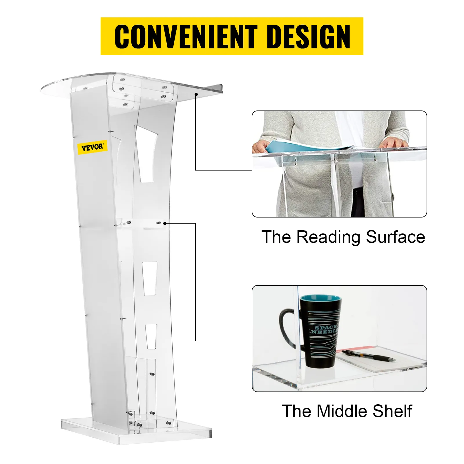 VEVOR acrylic podium with reading surface and middle shelf for convenience.