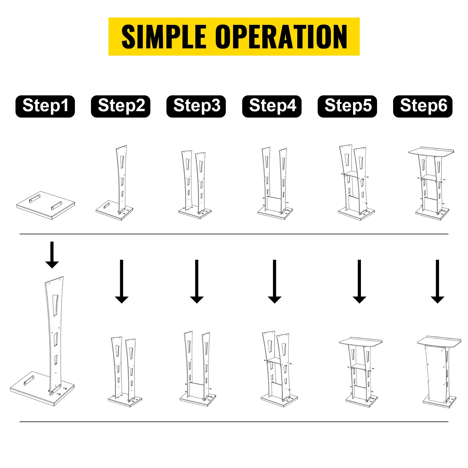 VEVOR acrylic podium assembly steps with "simple operation" header and illustration.