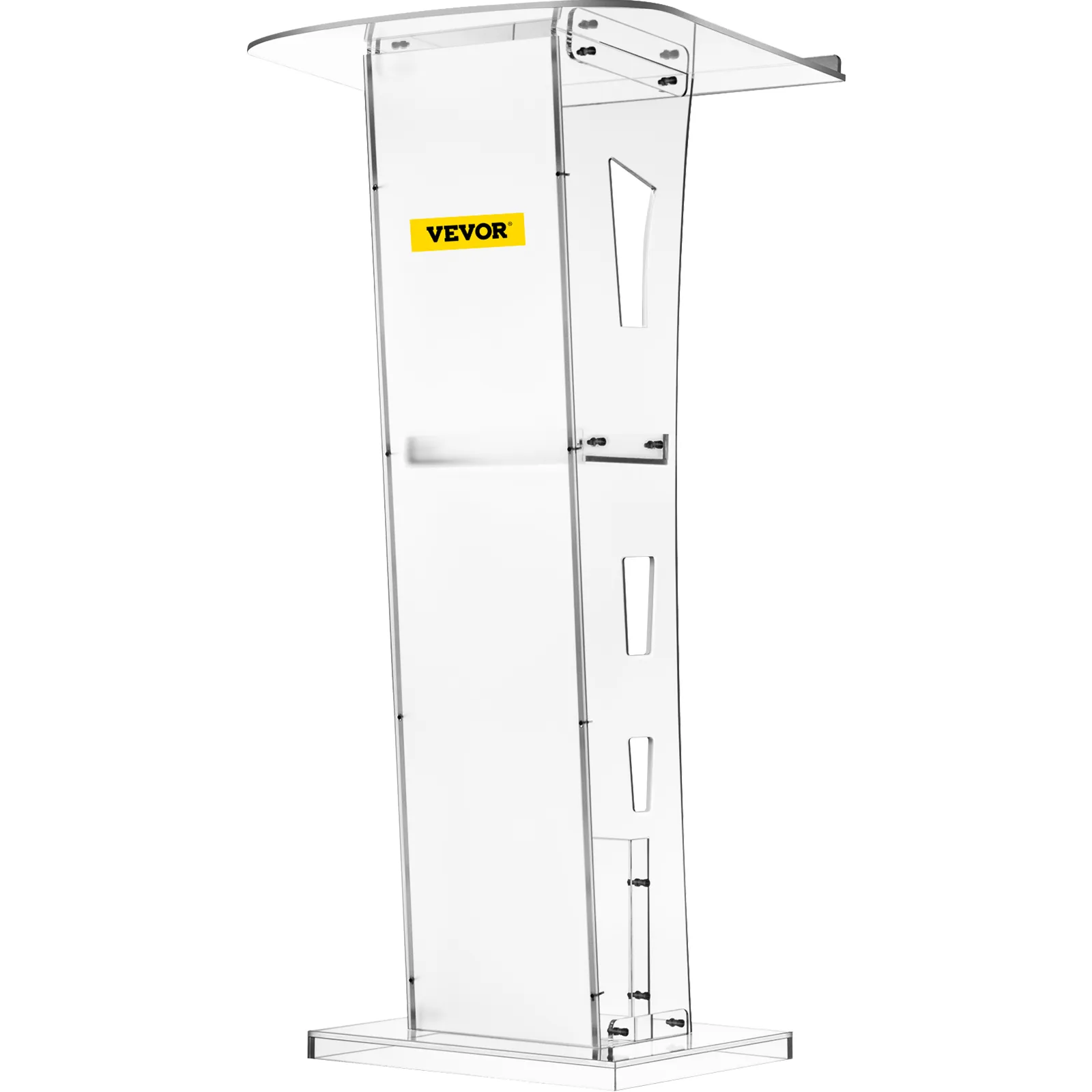 Podio de acrílico VEVOR con cuerpo transparente y diseño angular que presenta un logotipo de la marca.