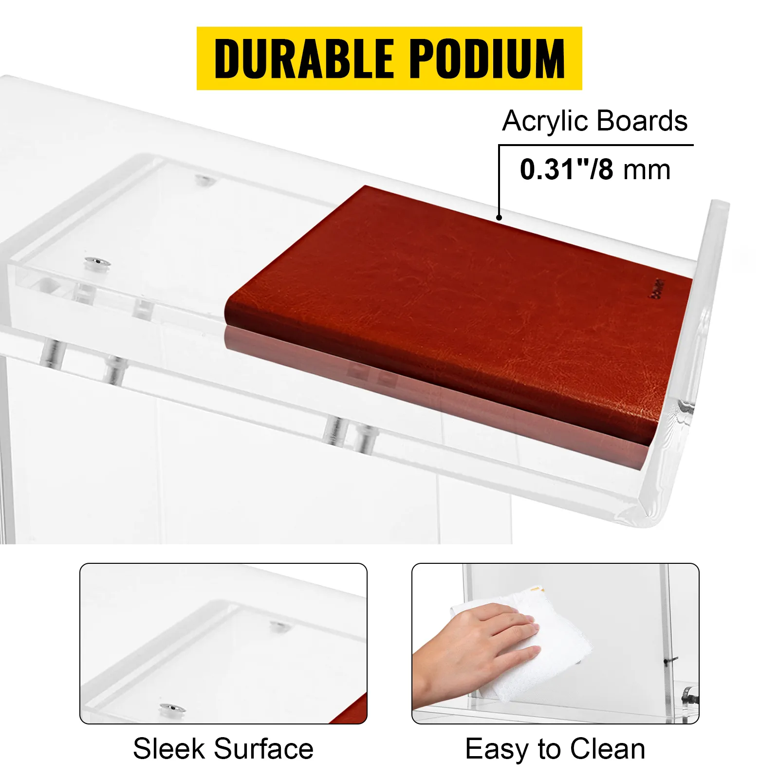 Podio de acrílico VEVOR con superficie duradera y elegante y diseño fácil de limpiar.