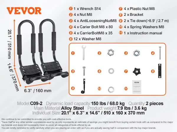 VEVOR kayak roof rack specifications: alloy steel, 150 lbs capacity, includes 11 accessories.