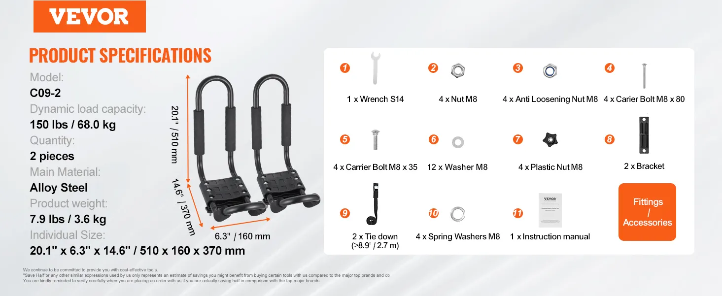 VEVOR kayak roof rack specifications: alloy steel, 150 lbs capacity, includes 11 accessories.