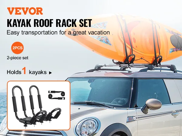 VEVOR kayak roof rack set on car roof, holding orange kayak with straps for easy vacation transport.