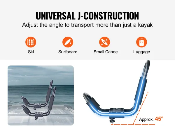 VEVOR kayak roof rack with adjustable j-construction for skis, surfboards, small canoes, and luggage.