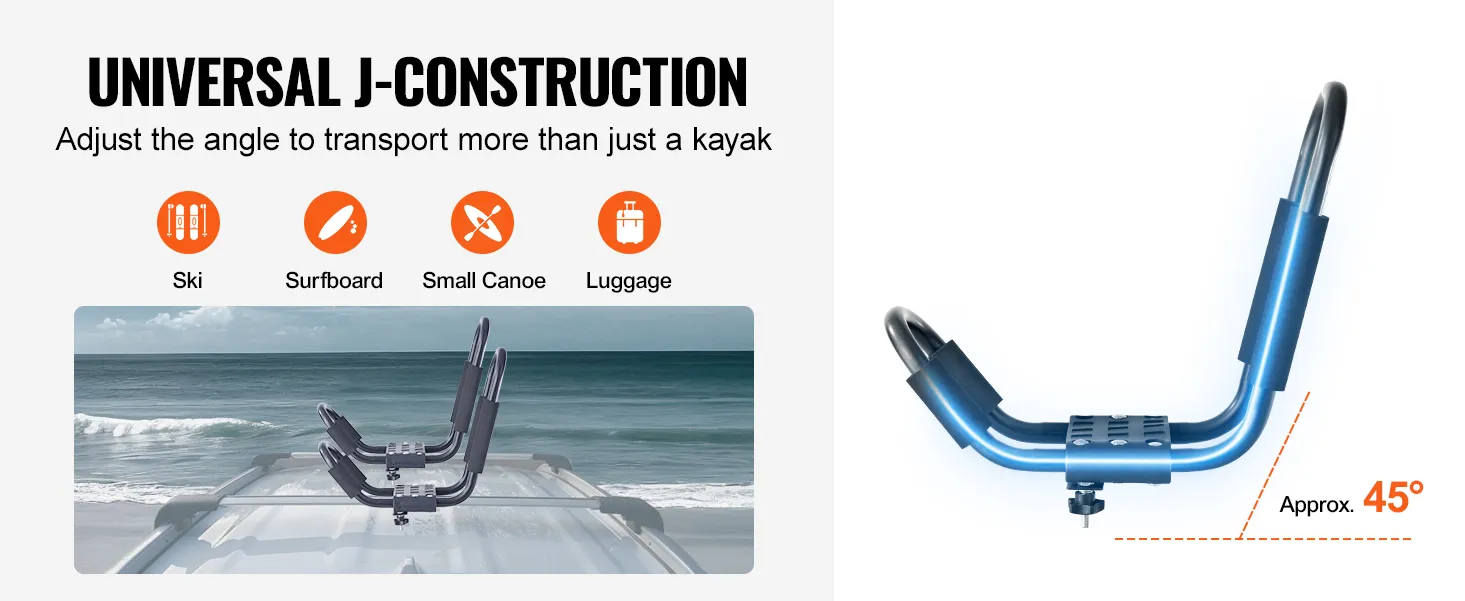 VEVOR kayak roof rack with adjustable j-construction for skis, surfboards, small canoes, and luggage.