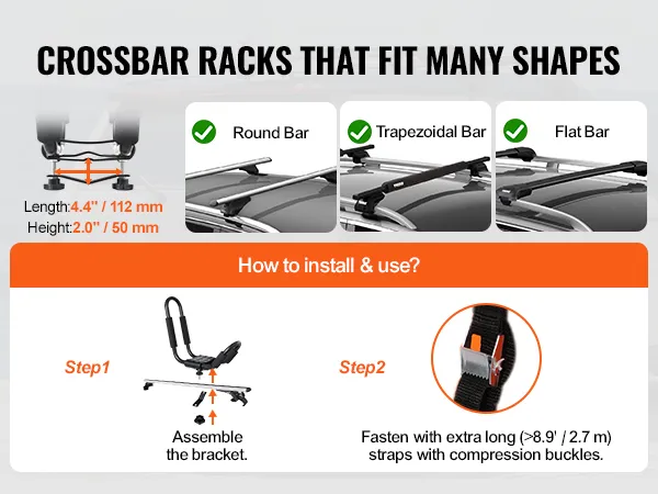VEVOR kayak roof rack fits round, trapezoidal, and flat bars. easy assembly and secure straps.