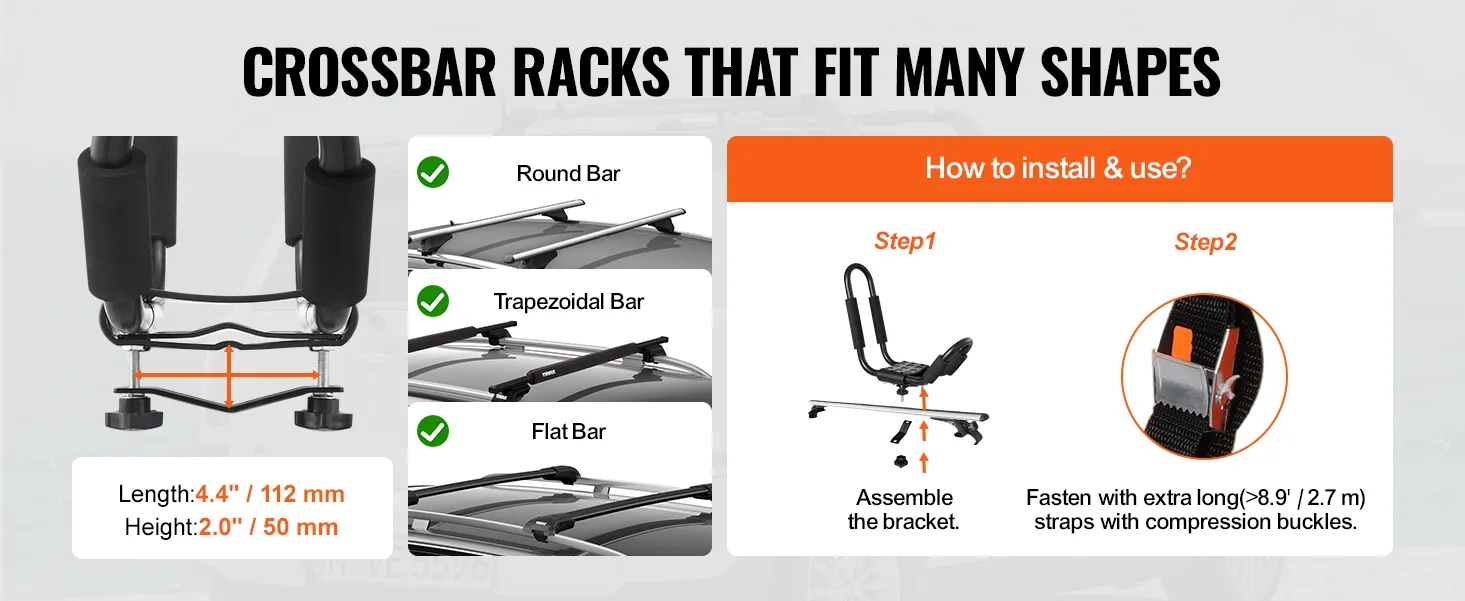VEVOR kayak roof rack fits round, trapezoidal, and flat bars. easy assembly and secure straps.