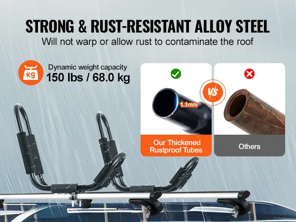 strong alloy steel VEVOR kayak roof rack with 150 lbs capacity and rust-proof tubes comparison.