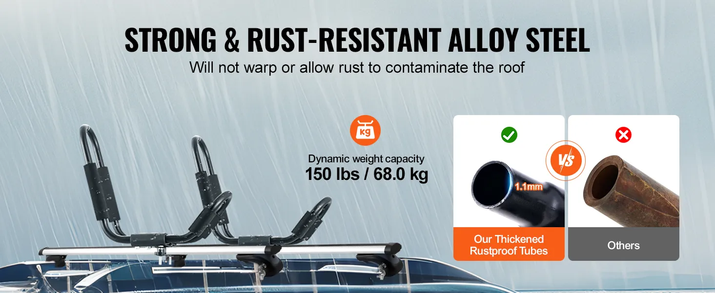 strong alloy steel VEVOR kayak roof rack with 150 lbs capacity and rust-proof tubes comparison.
