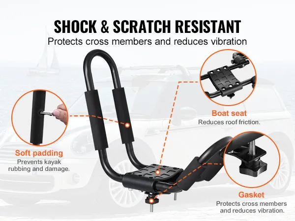 VEVOR kayak roof rack with soft padding, boat seat, and gasket for shock and scratch resistance.