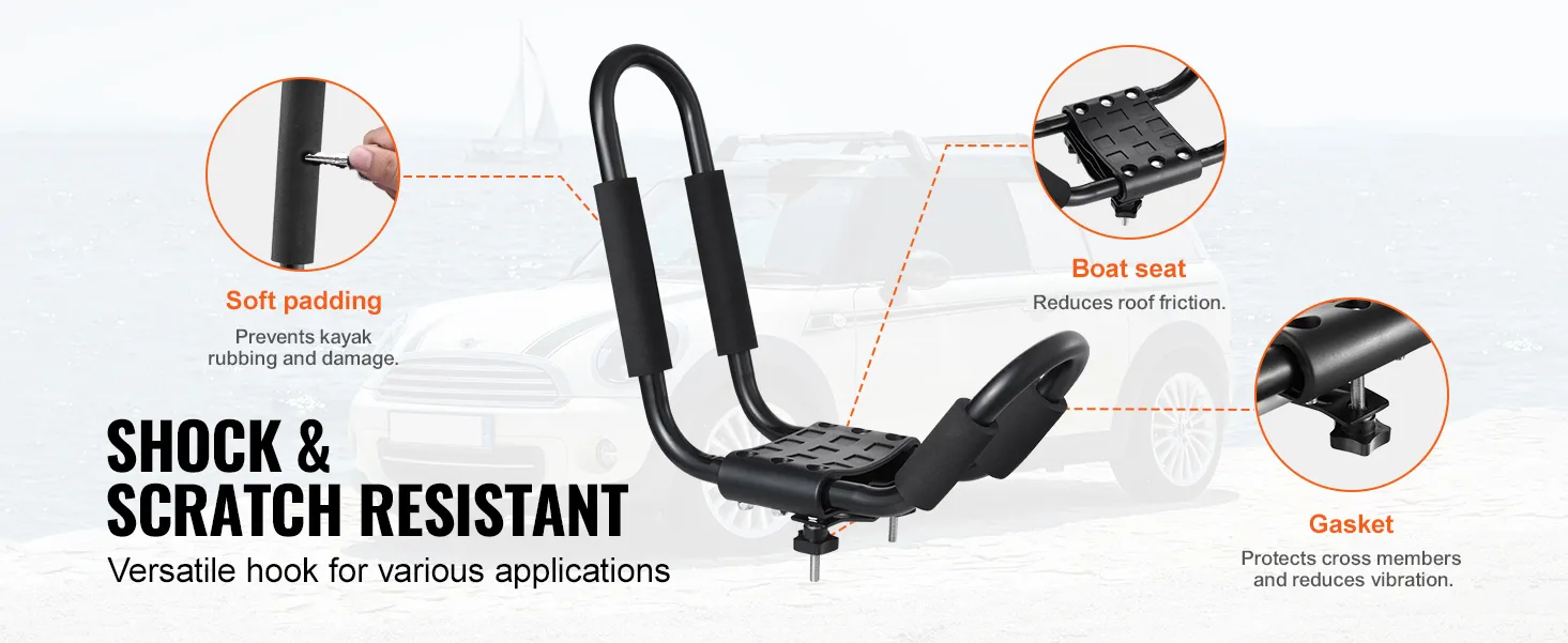 VEVOR kayak roof rack with soft padding, boat seat, and gasket for shock and scratch resistance.