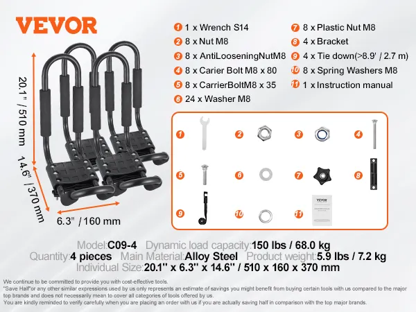 Portapacchi per kayak VEVOR, modello C09-4, capacità 150 libbre, acciaio legato, include 4 portapacchi, bulloni, dadi e manuale.