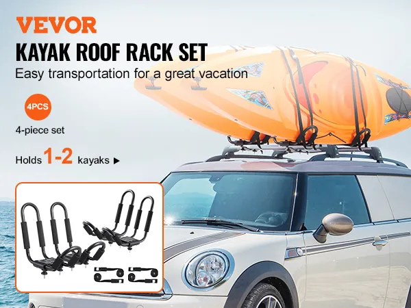 Il portapacchi per kayak VEVOR può contenere due kayak arancioni sul tetto dell'auto, ideale per un facile trasporto.