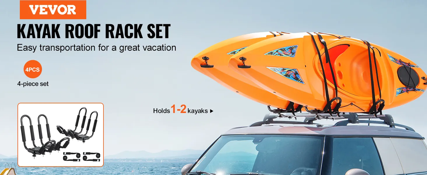 Il portapacchi per kayak VEVOR può contenere due kayak arancioni sul tetto dell'auto, ideale per un facile trasporto.