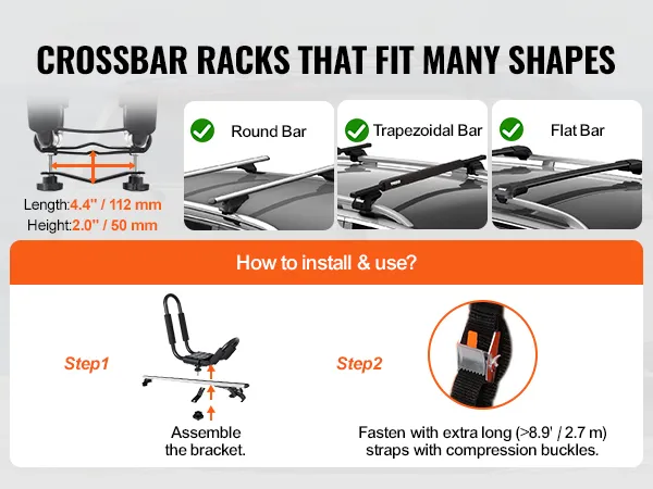 portapacchi trasversali adatti a barre tonde, trapezoidali e piatte, fasi di installazione per portapacchi da tetto per kayak VEVOR.