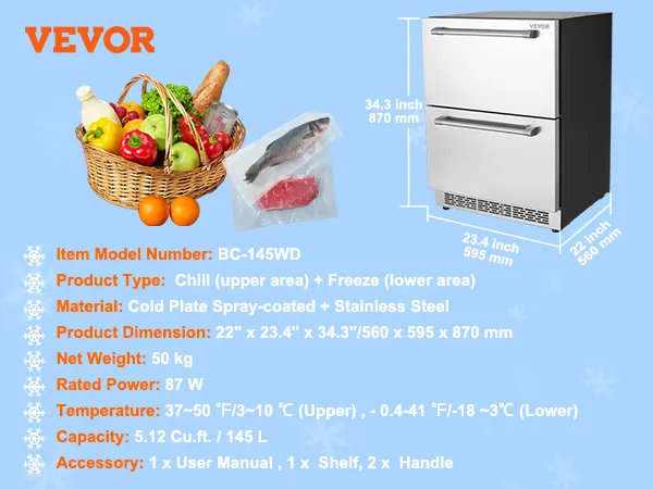 Dimensiones, especificaciones y características del refrigerador bajo encimera VEVOR con una canasta de productos frescos cerca.