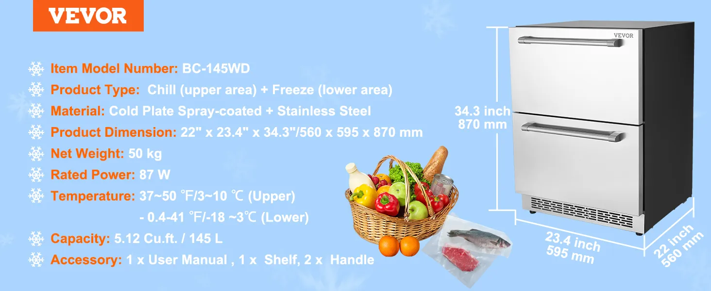 Dimensiones, especificaciones y características del refrigerador bajo encimera VEVOR con una canasta de productos frescos cerca.