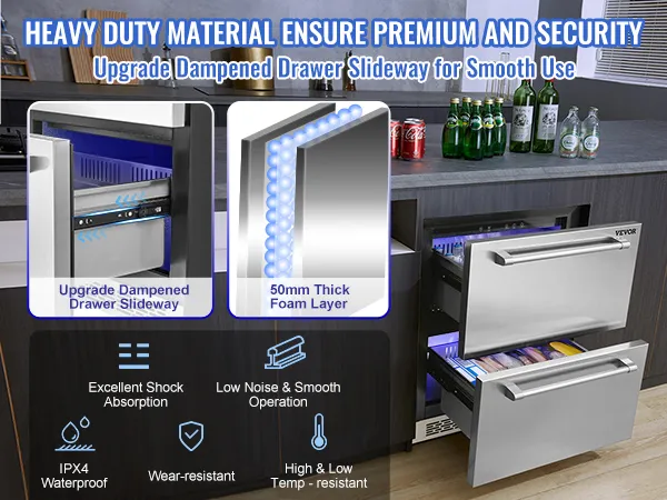 Frigorífico bajo encimera VEVOR con guía de cajón amortiguada mejorada y capa de espuma de 50 mm de espesor.