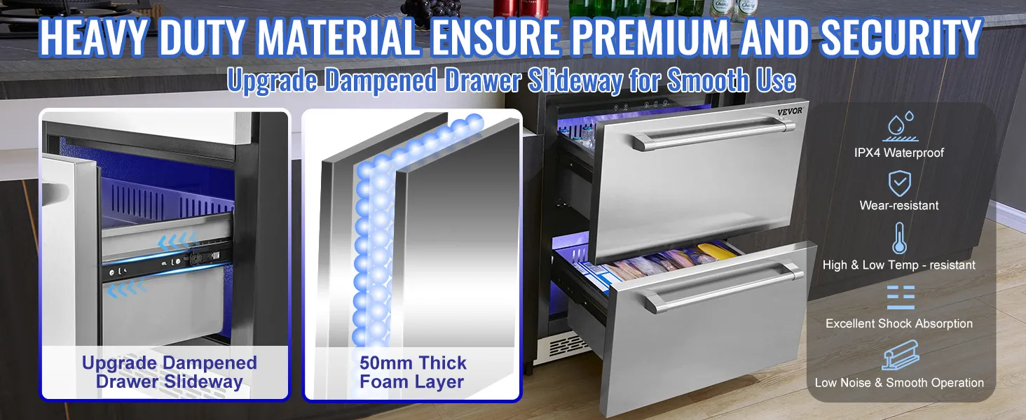 VEVOR 24 inch Undercounter Refrigerator, 2 Drawer Refrigerator with Different Temperature, 4.87 Cu.ft. Capacity, Waterproof Indoor and Outdoor Under Counter Freezer Fridge for Home and Commercial Use