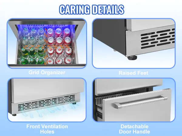 Refrigerador bajo encimera VEVOR con organizador de rejilla, patas elevadas, orificios de ventilación frontales y manija de puerta desmontable.