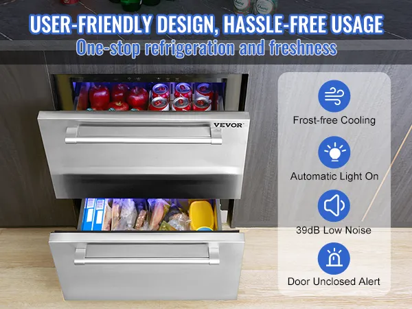 Diseño fácil de usar, uso sin complicaciones con el refrigerador debajo del mostrador VEVOR; enfriamiento sin escarcha, bajo nivel de ruido.