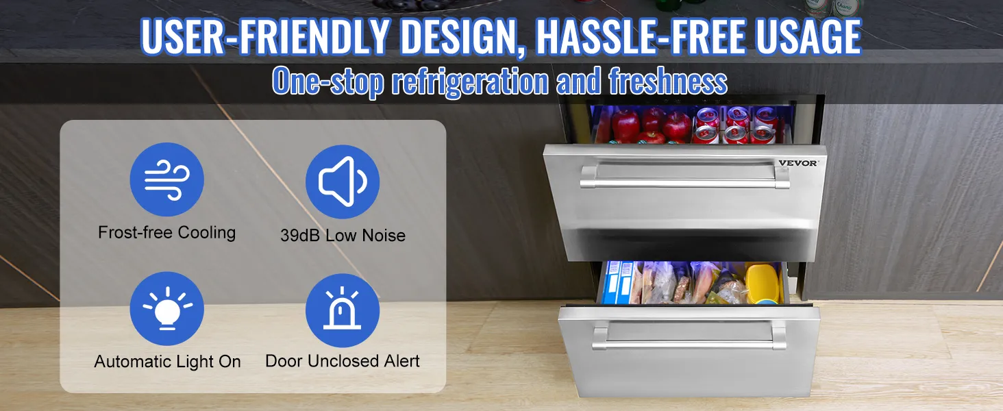 Diseño fácil de usar, uso sin complicaciones con el refrigerador debajo del mostrador VEVOR; enfriamiento sin escarcha, bajo nivel de ruido.