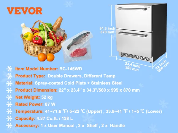 VEVOR undercounter refrigerator with double drawers, 4.87 cu.ft. capacity, and stainless steel finish.
