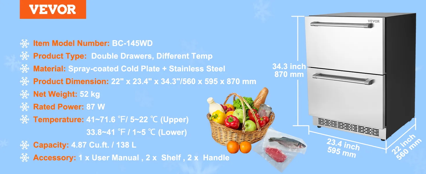 VEVOR undercounter refrigerator with double drawers, 4.87 cu.ft. capacity, and stainless steel finish.