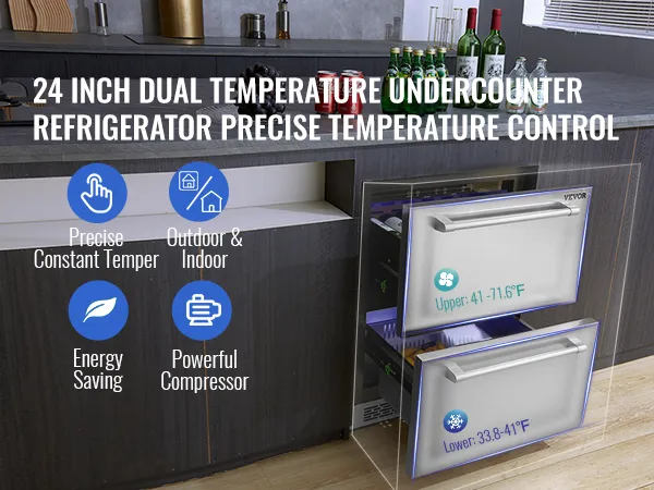 VEVOR undercounter refrigerator under a counter with dual temperature control, showcasing its features.