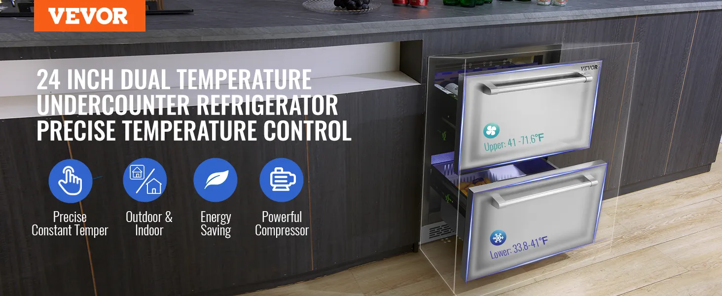 VEVOR undercounter refrigerator under a counter with dual temperature control, showcasing its features.