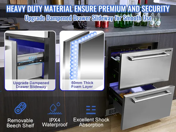 VEVOR undercounter refrigerator with dampened drawer slideway, 50mm foam layer, and beech shelf.