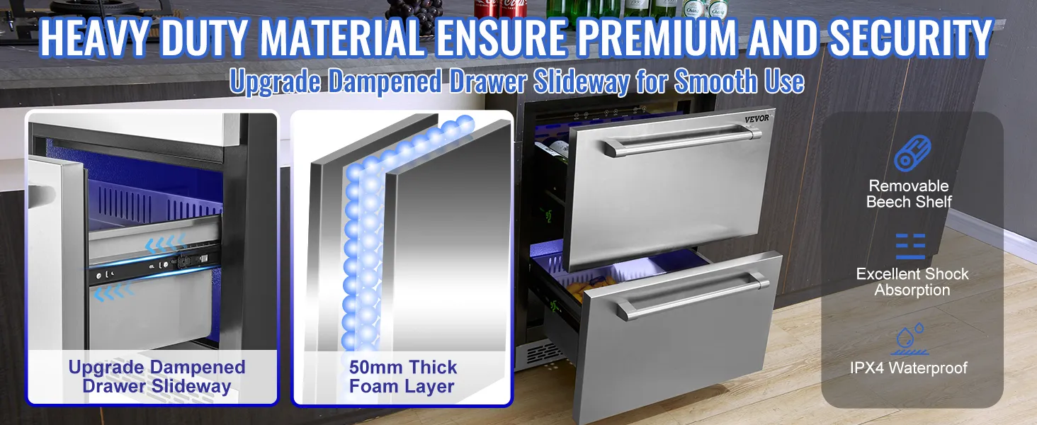 VEVOR undercounter refrigerator with dampened drawer slideway, 50mm foam layer, and beech shelf.