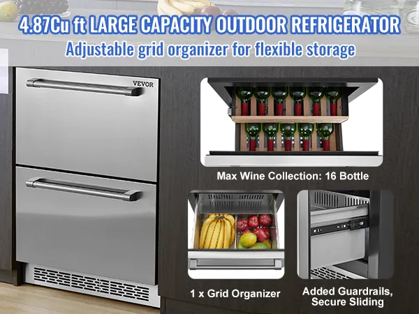VEVOR undercounter refrigerator with adjustable grid organizer, 16-bottle wine storage, and secure guardrails.