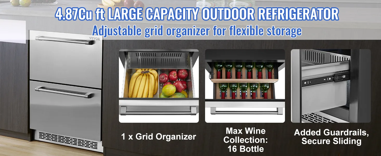 VEVOR undercounter refrigerator with adjustable grid organizer, 16-bottle wine storage, and secure guardrails.