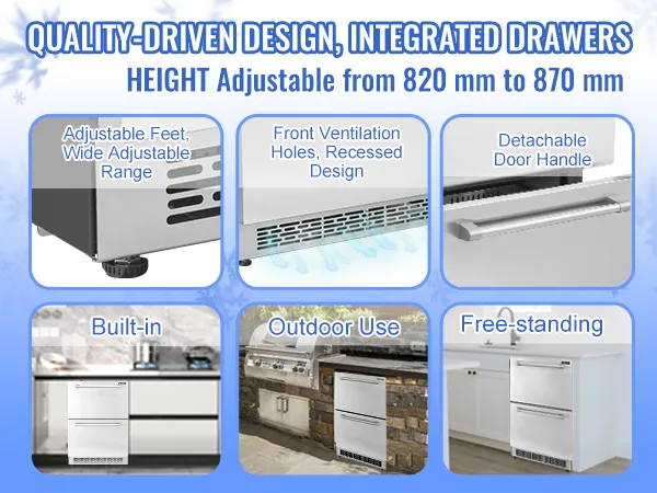 VEVOR undercounter refrigerator with adjustable height, front-ventilation, detachable handle, and free-standing options.