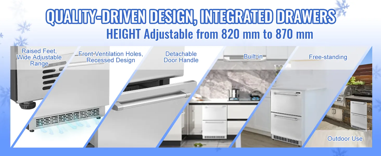 VEVOR undercounter refrigerator with adjustable height, front-ventilation, detachable handle, and free-standing options.