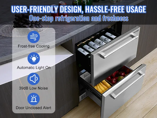 VEVOR undercounter refrigerator, user-friendly design, frost-free cooling, low noise, automatic light, door alert.