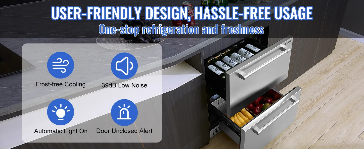 VEVOR undercounter refrigerator, user-friendly design, frost-free cooling, low noise, automatic light, door alert.